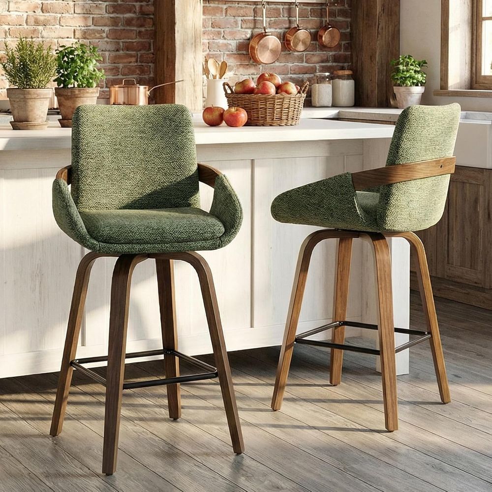 Home Bar Seating - 린넨 원단과 월넛 벤트우드 등받이가 있는